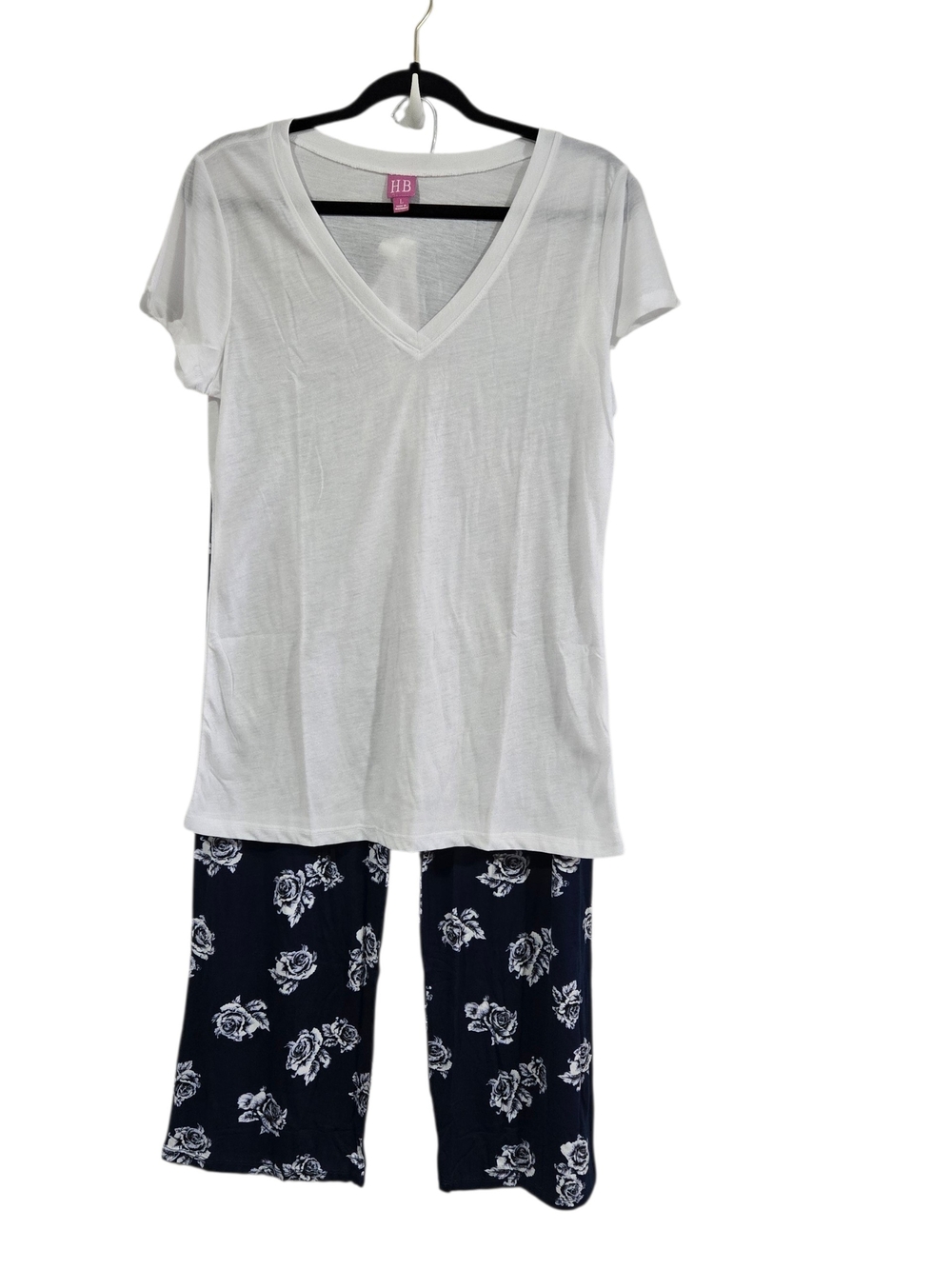 Hale Bob White V-Neck Top with Navy Floral Wide Leg Pajama Set L New
